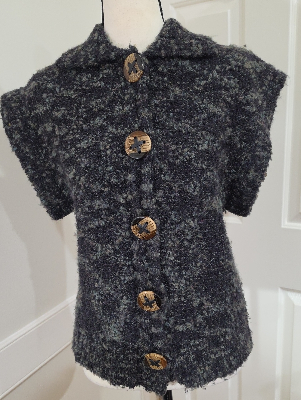 PULI Charcoal Marled Bouclé Knit Short Sleeve Cardigan Sweater - Size Medium